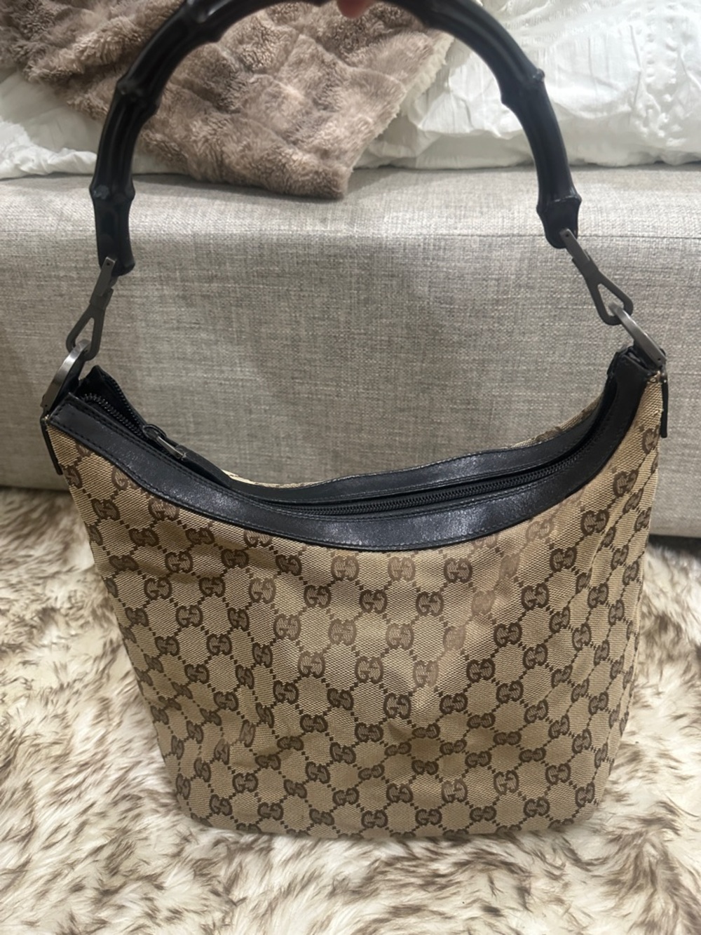 Gucci Beige Monogram Shoulder Bag with classic GUCCI Black Bamboo Handle